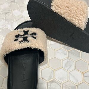 Authentic Tory Burch shearling platform slides